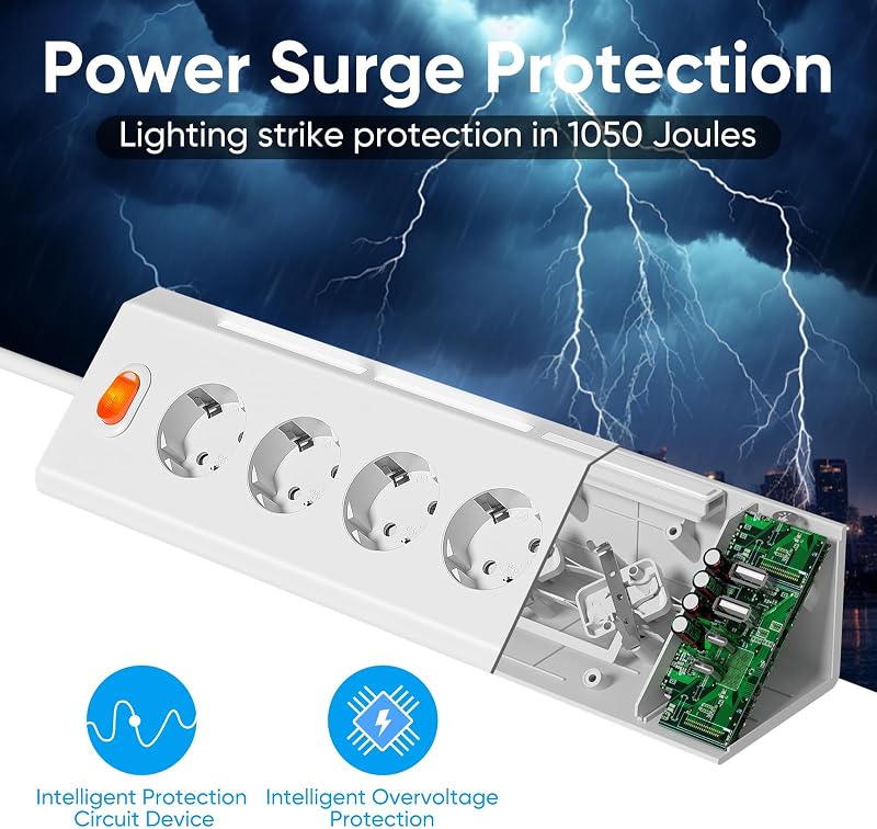 Multiprise avec 5 Prises et 4 Ports USB (2 USB A+2 USB C), Blanc — photo 4 sur 8