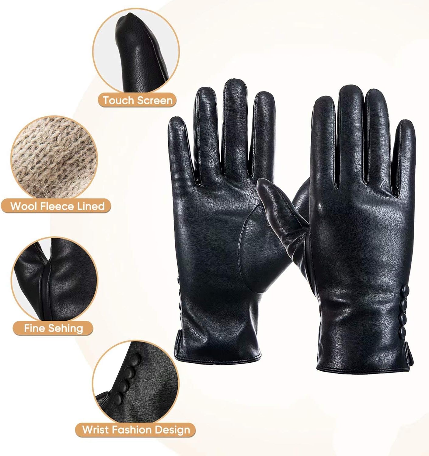 Winter PU Leather Gloves For Women, Warm Thermal Touchscreen Texting Typing Dress Driving Motorcycle Gloves With Wool Lining at  Women’s Clothing store
