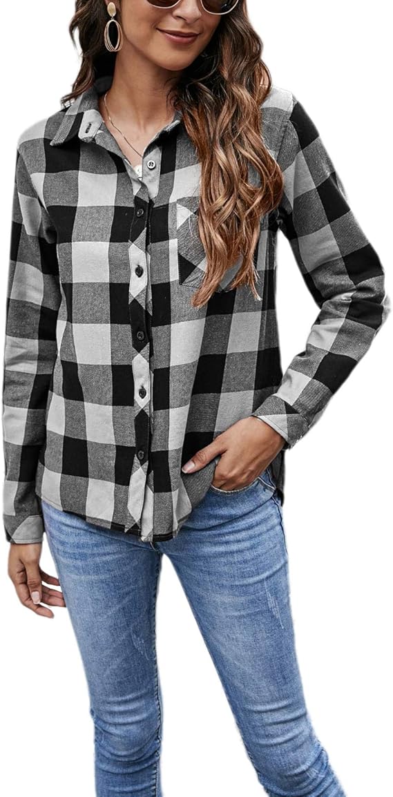 Women Plaid Shirts Flannel Long Sleeve Button Down Check Shirt Shirts Boyfriend Blouse Casual