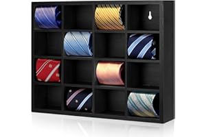 Wesiti Tie Box Organizer Wall Mounted Tie Rack with 16 Compartments Bamboo Belt Holder for Men Scarf Necktie Home Wall Closet(Black Color,1 Piece)