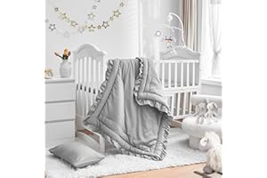 UOZZI BEDDING 3 Pieces Crib Bedding Set Baby Ruffle Quilted Comforter with Fitted Sheet and Pillowcase - Cute Ruffled Shabby Chic Bedding Soft Blanket Design Gray