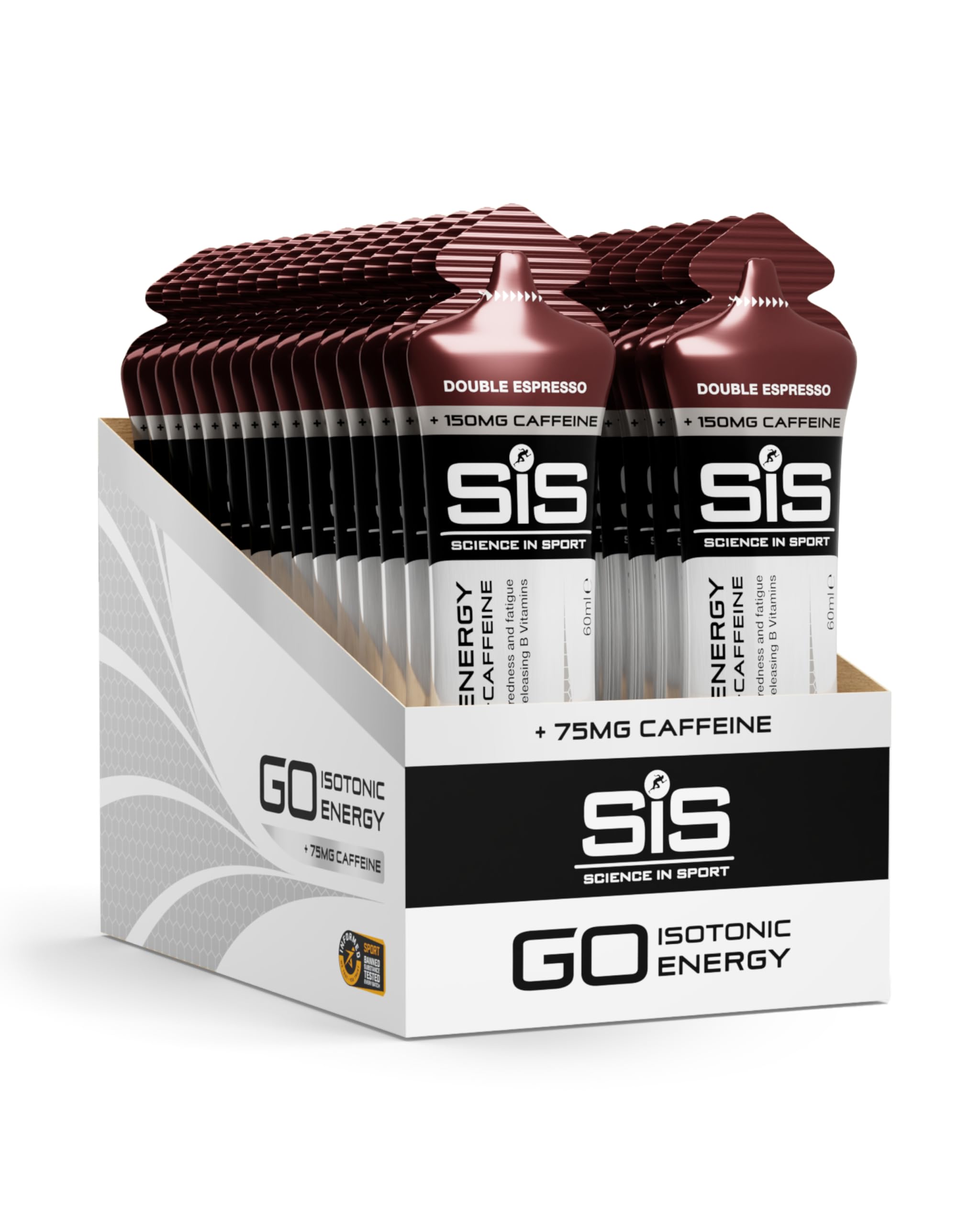 Science In Sport GO Isotonic Energy Gels, Running Gels with 22 g Carbohydrates, Low Sugar, Double Espresso Flavour, 60ml (30 Packs)
