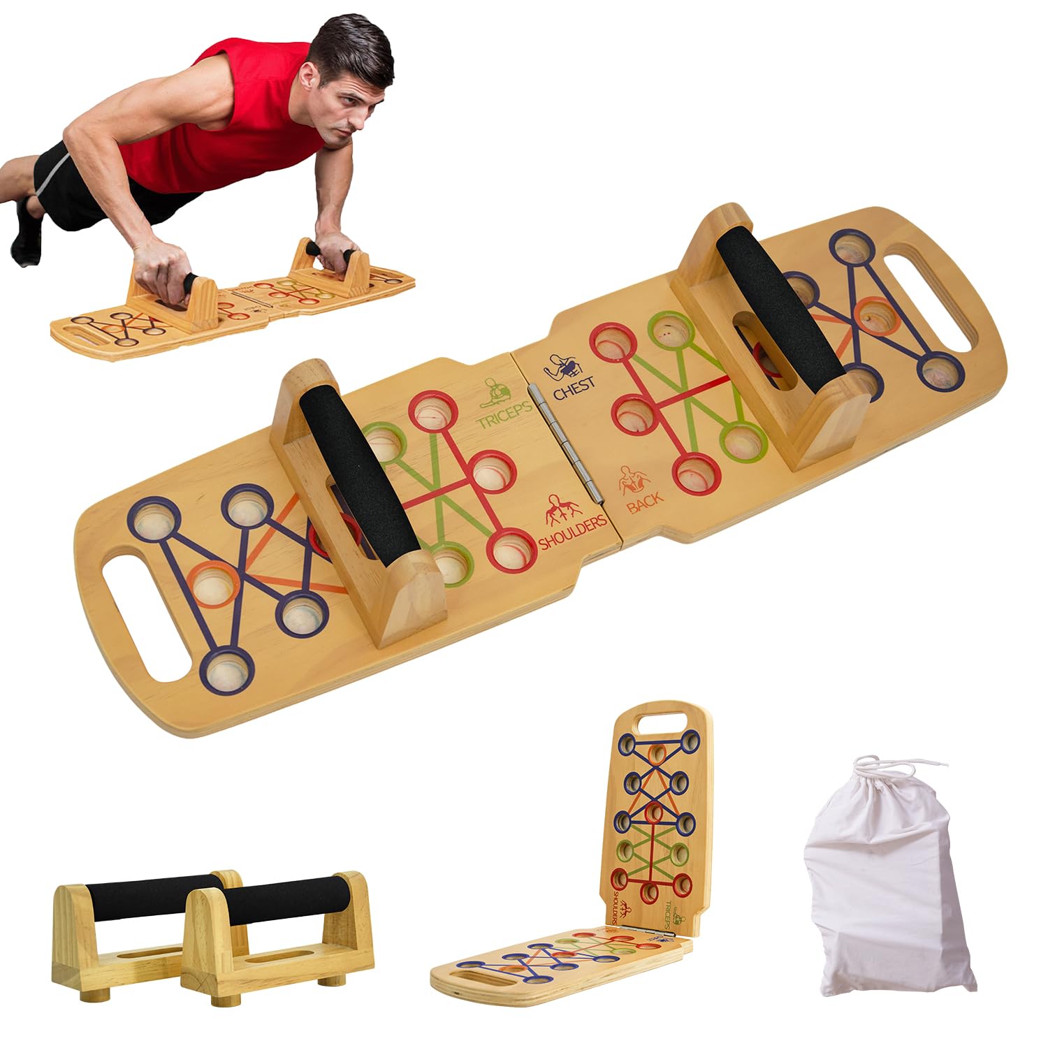 Photo 1 of Wooden Portable Push up board, foldable fitness strength training pushup stand with solid bar grips, 2 handles for floor, professional push up training equipment for man and women, Brown
