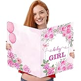 Idealmuzik Large Baby Shower Card with Envelope for Girls – Jumbo Pink Floral A Baby Girl Greeting Card – Oversized Guest Book Baby Shower Party Decoration & Gift Supplies