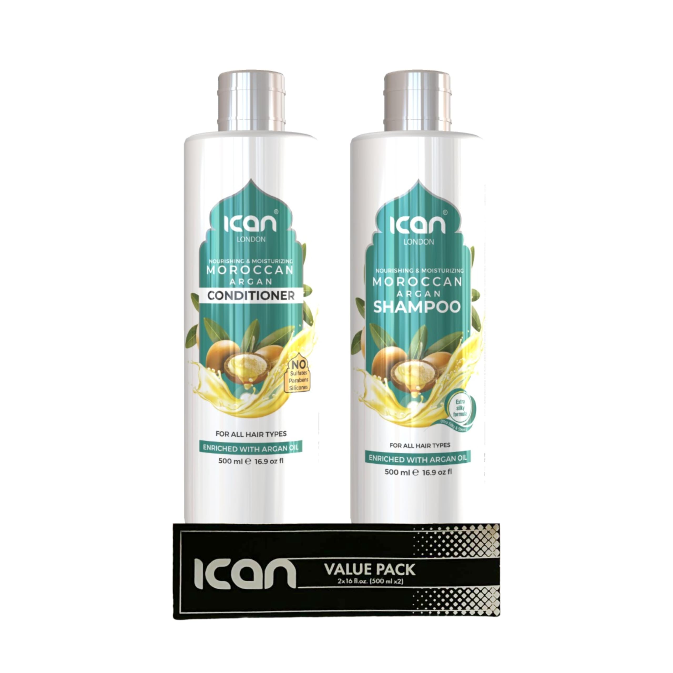 ican London Moroccan Argan Oil Enriched Anti-Dandruff, Itch Relief Formula Shampoo & Conditioner DUO PACK 500ml Each
