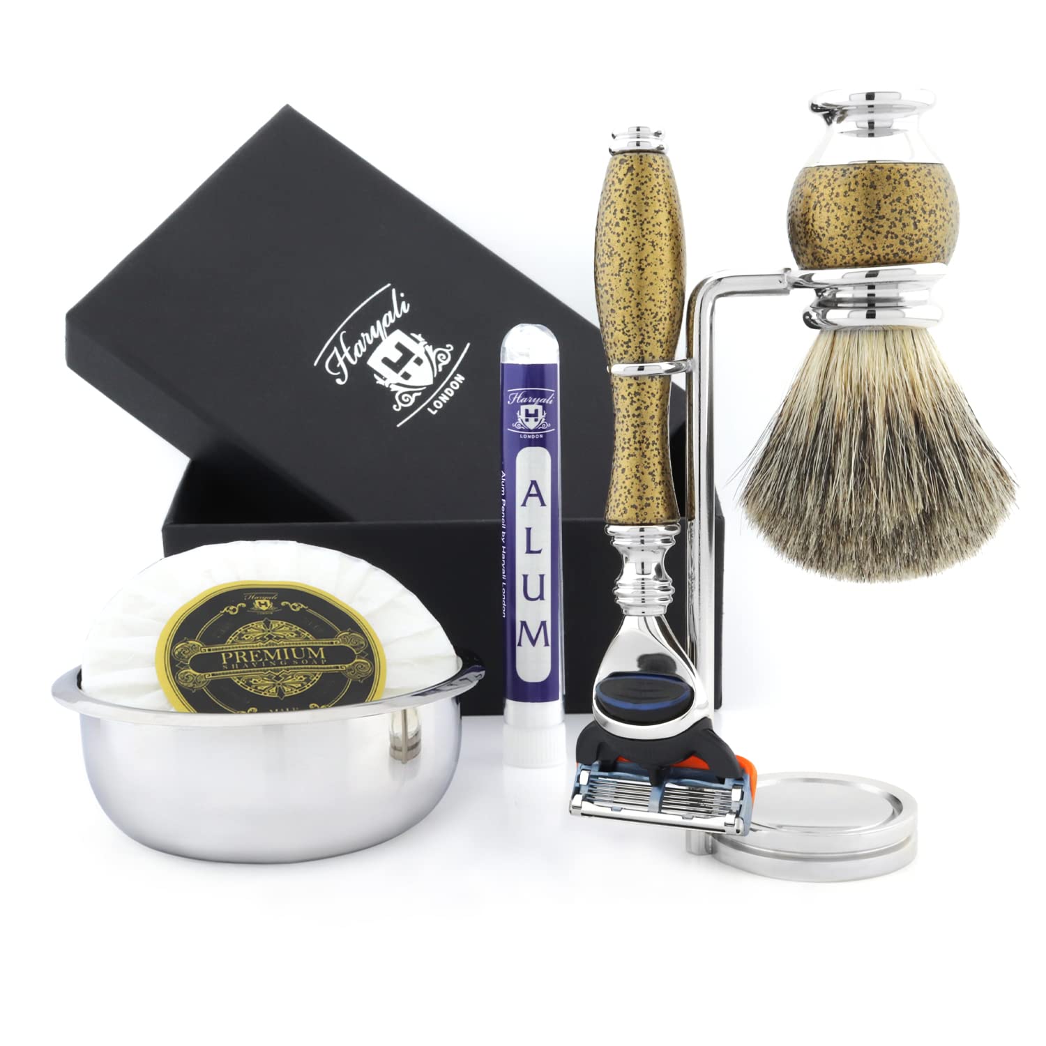 Haryali London 6Pc Mens Shaving Kit 5 Edge Safety Razor, Black Badger Hair Shaving Brush, Shaving Bowl, Shaving Stand, Shaving Soap and Alum Shaving Set for Men
