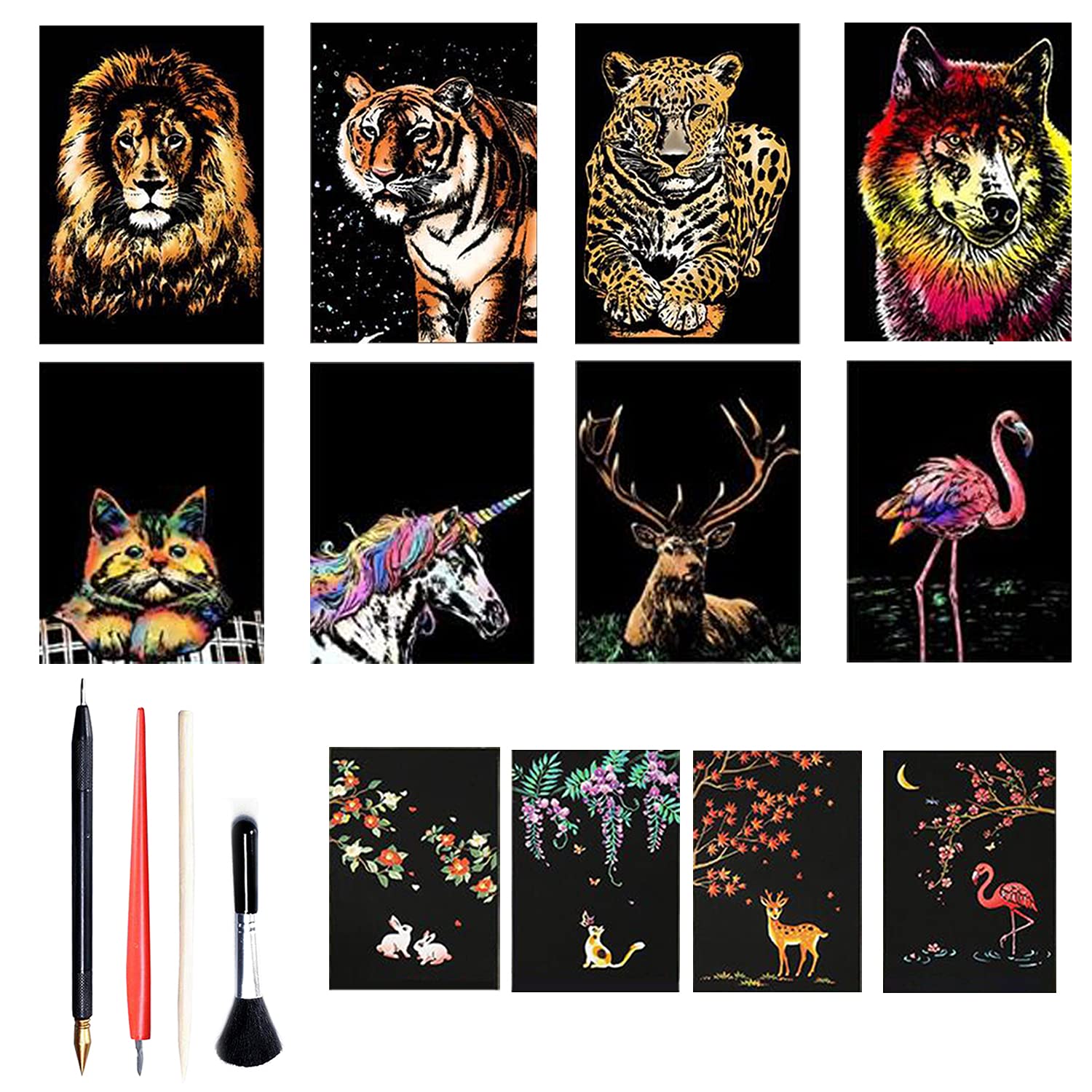 Georgie Porgy 12PCS Scratch Art Paper Set DIY Arts Craft Kits for Kids Adults Magic Rainbow Cards Postcards Christmas Birthday Present for Boys Girls with Scratching Tools Kit (Magical Animals)