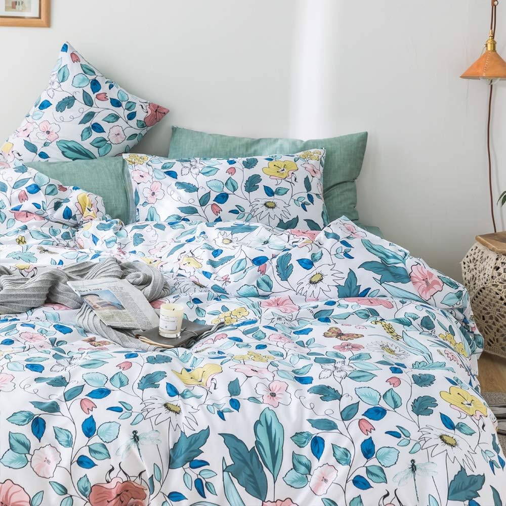 VM VOUGEMARKET Colorful Duvet Cover Set Full Queen,Premium Cotton Garden Style Flower Branch Leaves Duvet Cover Matching 2 Pillow Shams,Reversible Bright Color Girls Bedding Set for Spring Summer