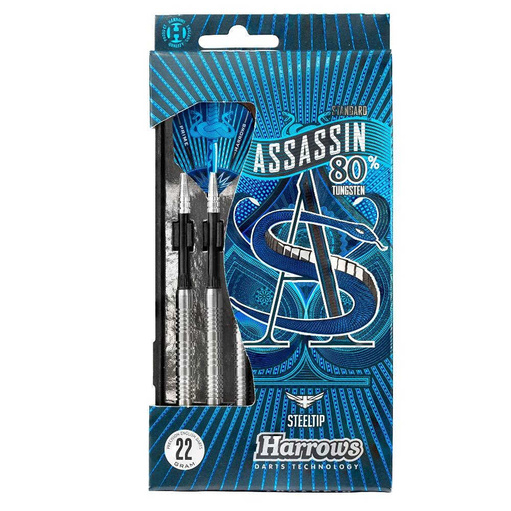 Harrows Assassin Tungsten Pro Darts | Steel Tip Darts set with carry case | All Weights| Includes Nylon Shafts, 100 Micron Prime Flights and Travel Case (23g)