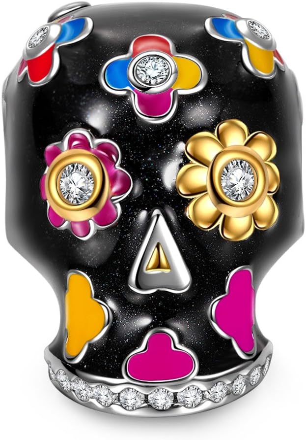 NinaQueen"Skull and Rose" 925 Sterling Silver Sunflower Charms Multicolor Enamel Charm Beads, Best Halloween Gifts for Women