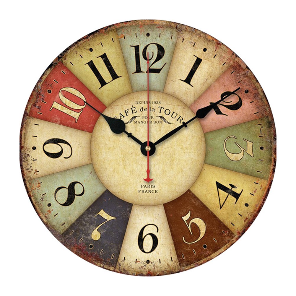 NUOLUX Vintage Rustic Country Tuscan Style Wooden Decorative Round Wall Clock (Color figures)