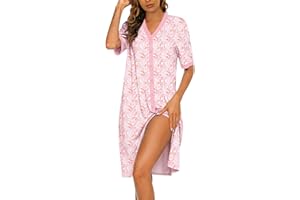 YOZLY Womens Cotton House Dress Short Sleeve Button Down Nightgown with Pockets V Neck Floral Housecoat Soft Lounge Sleepwear