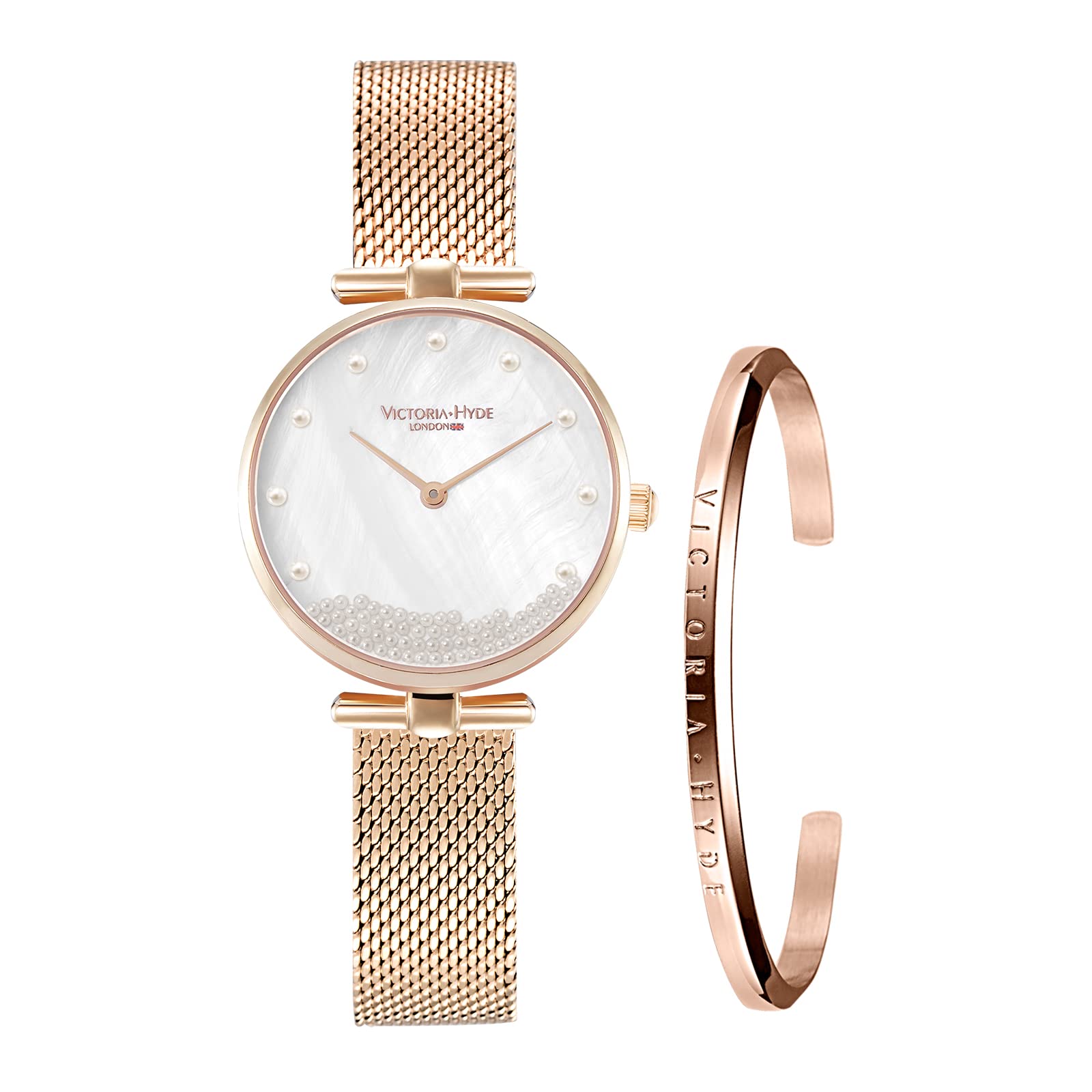 VICTORIA HYDE Women's Analogue Quartz Watch with Mother of Pearl Dial Wrist Watch Bangle Set (Gold)
