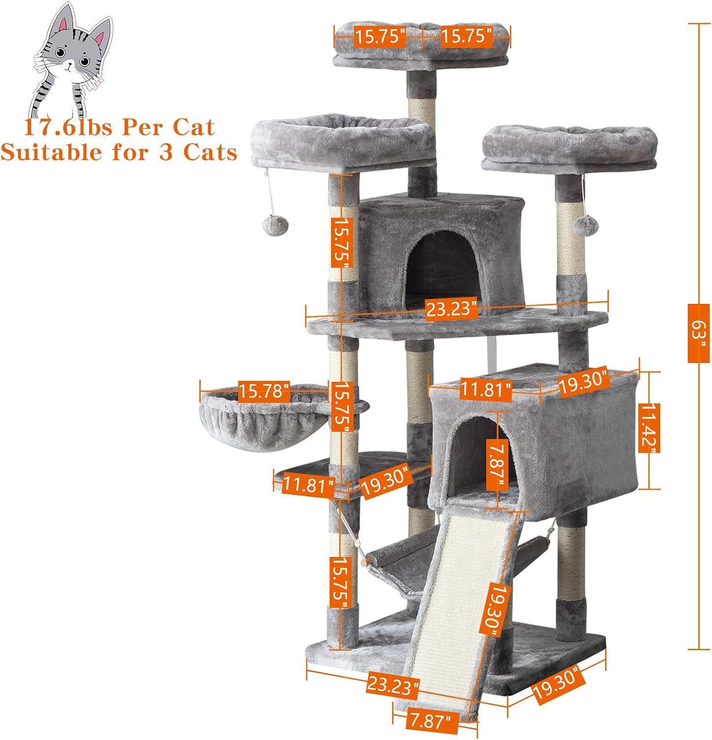 IBUYKE 63inches Multi-Level Cat Tree Tower for Large Cats Play Furniture Cat Condo with Sisal Scratching Posts&Board, Platforms, Hammock Basket, Dangling Balls, Light Gray UCT021W : Pet Supplies