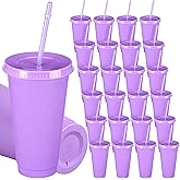 Roshtia 24 Pack Plastic Tumblers with Lid and Straw Reusable Cups Bulk Water Bottles Iced Coffee Travel Mug Cup for Birthdays Party Juices Adults Kids (Purple,24 oz)