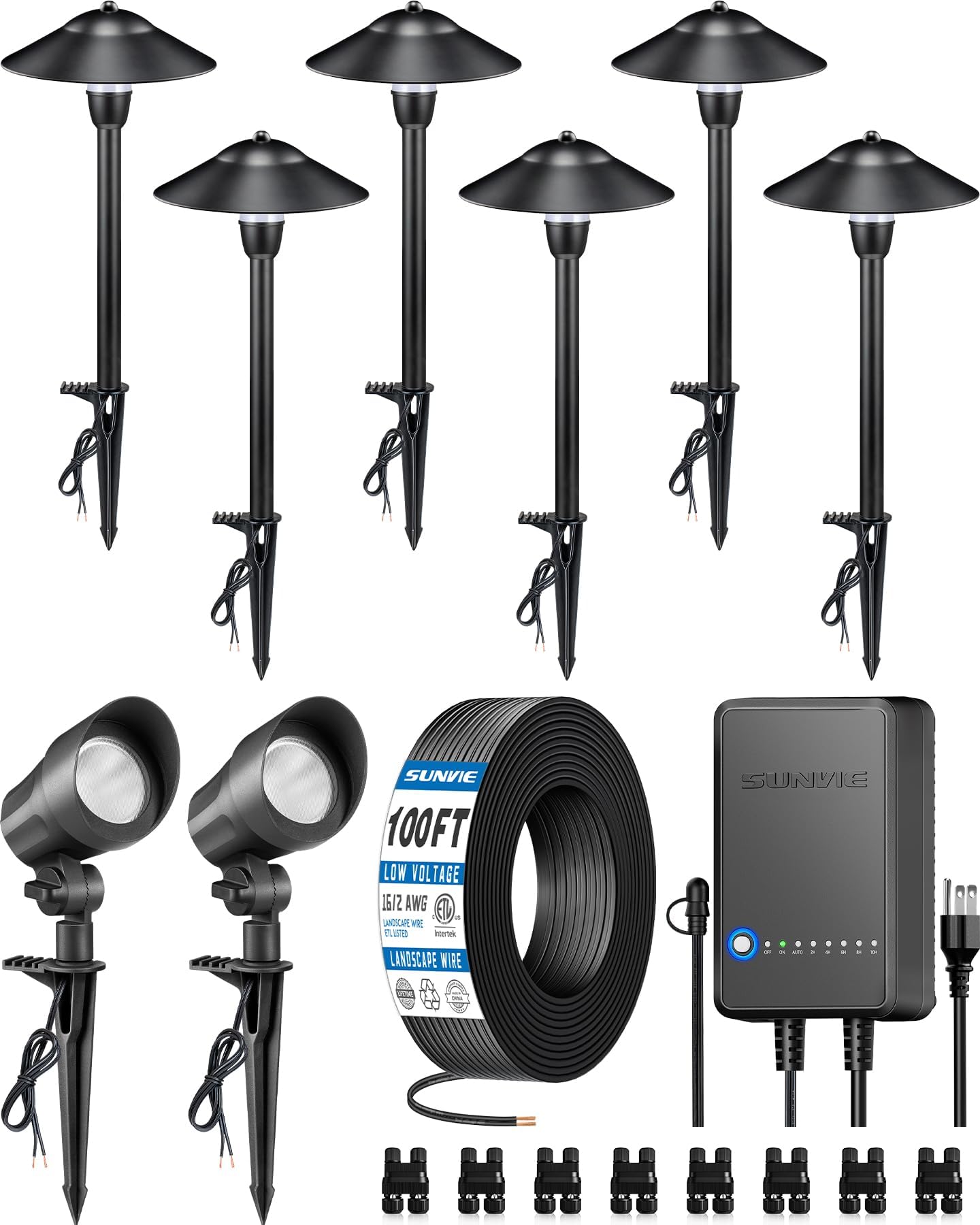 Photo 1 of SUNVIE All-in-ONE Landscape Lighting Kit 6-Pack LED Outdoor Pathway Lights, 2-Pack Spotlights, 60W Transformer, 100FT 16/2 AWG Wire and Connectors Outdoor Landscape Lighting for Walkway Garden Yard