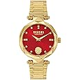 Versus Versace Covent Garden Collection Luxury Womens Watch Timepiece with a Gold Bracelet Featuring a Gold Case and Red Dial