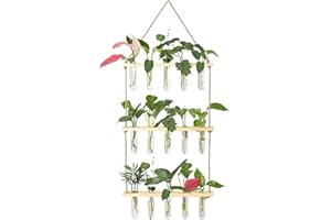 XXXFLOWER Wall Hanging Propagation Station with Wooden Stand 5 Glass Test Tubes 3 Tiered Planters Wall Terrarium for Home Office Plant Hanger Flower Vases Wall Decor Hydroponic Cuttings Beige
