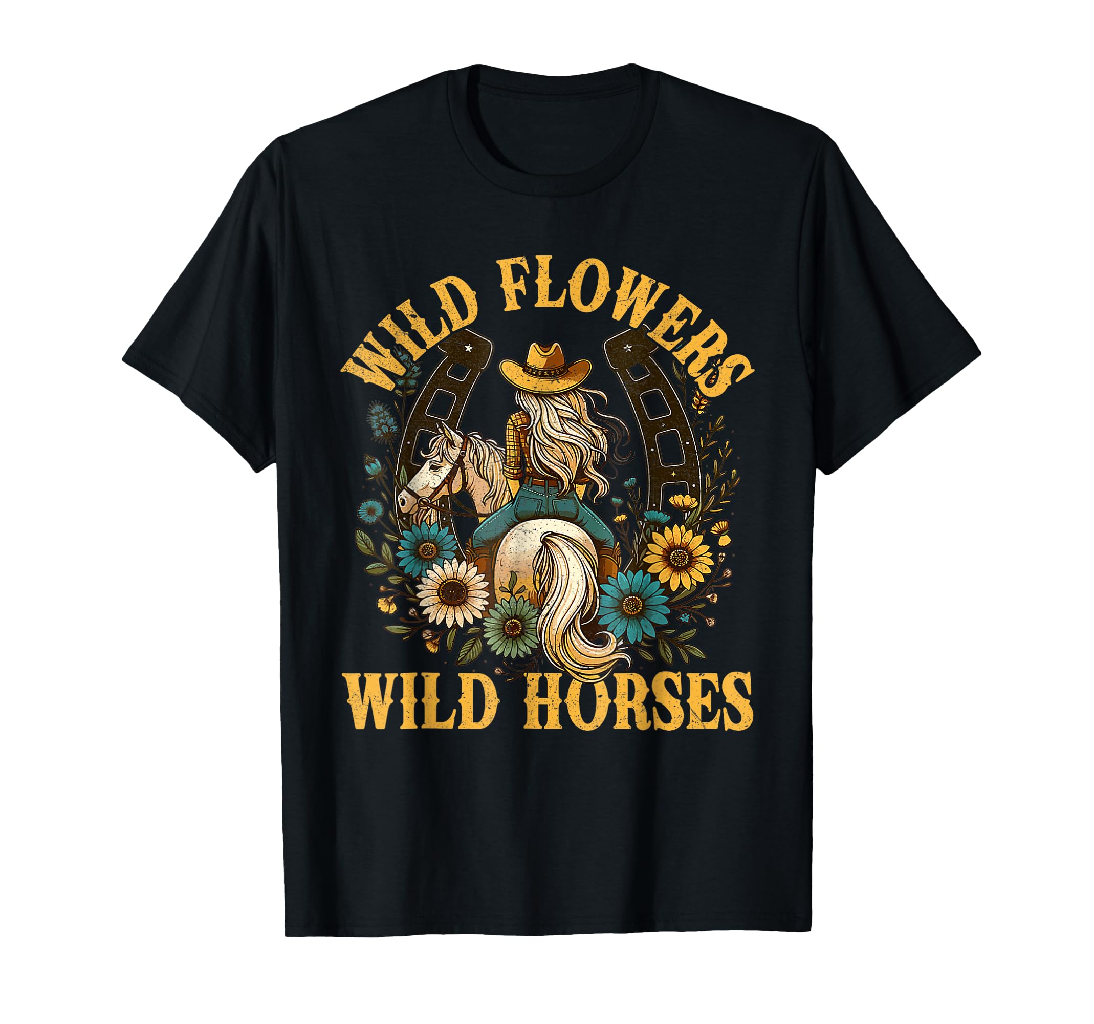 View 1 of *WHITE NOT BLACK** Retro Southern Sunset Cowgirl Wild Flowers Wild Horses T-Shirt (WHITE // S)