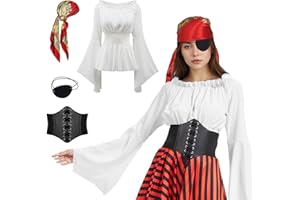 PWQMGY 4Pcs Pirate Costume Women-Include Renaissance Shirt Top Women,Pirate Corset Bandana-Halloween Carnival Cosplay Outfit