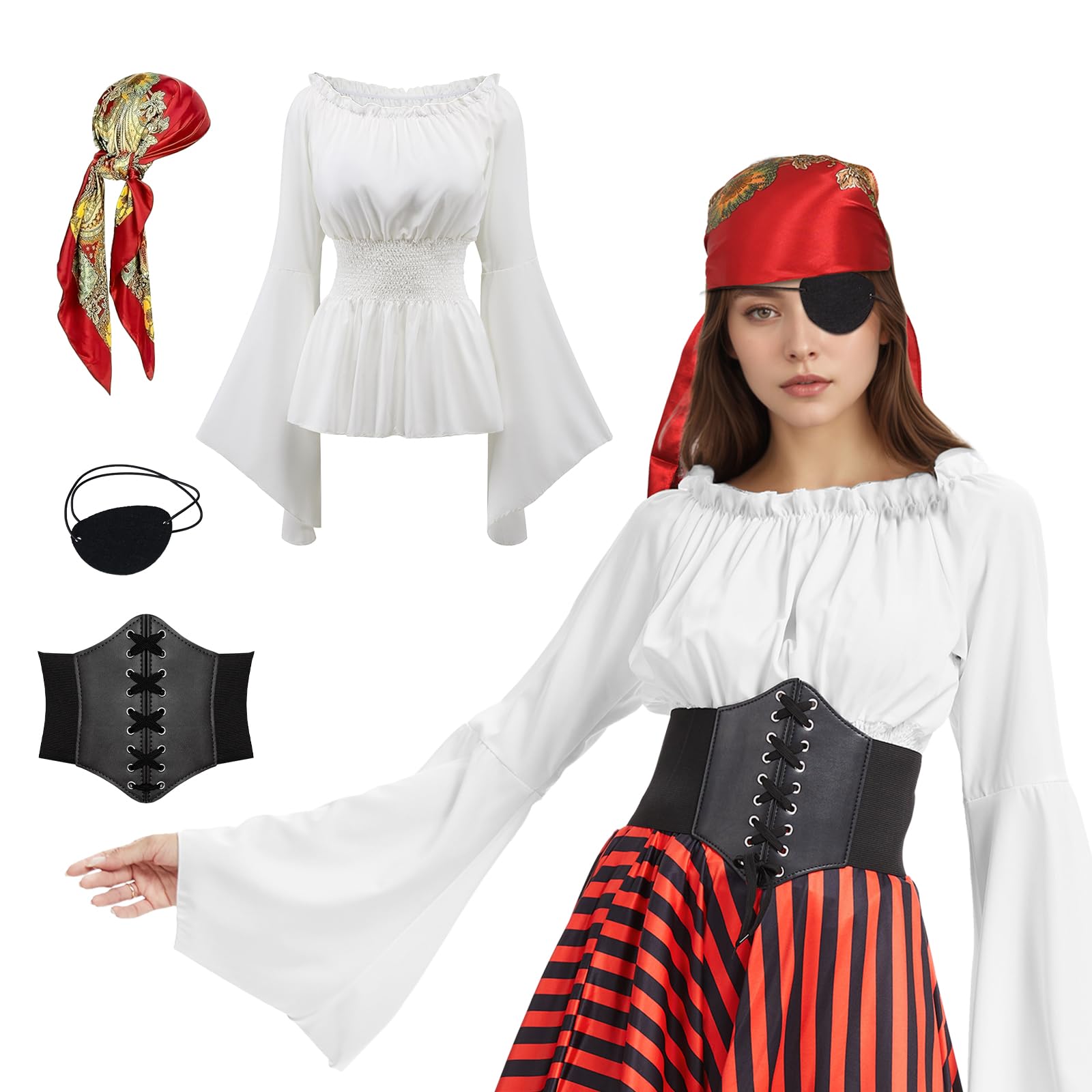 Photo 1 of 4Pcs Pirate Costume Women-Include Renaissance Shirt Top Women,Pirate Corset Bandana-Halloween Carnival Cosplay Outfit (White, XS)