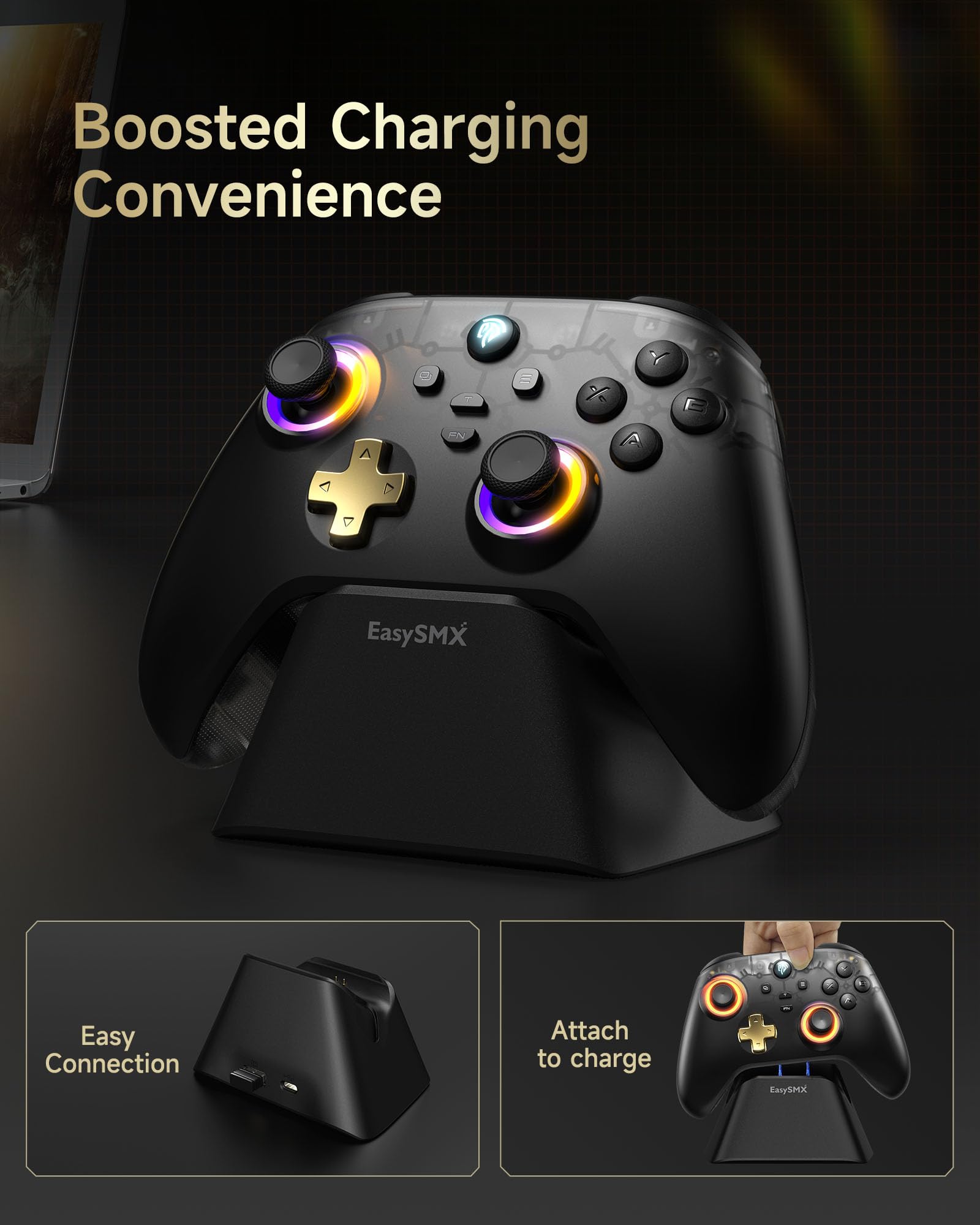 EasySMX D05 PC Controller mit Ladestation, Controller PC Wireless mit Hall Joystick & Hall Trigger, Bluetooth PC Controller für PC/Switch/Handy-Schwarz 2