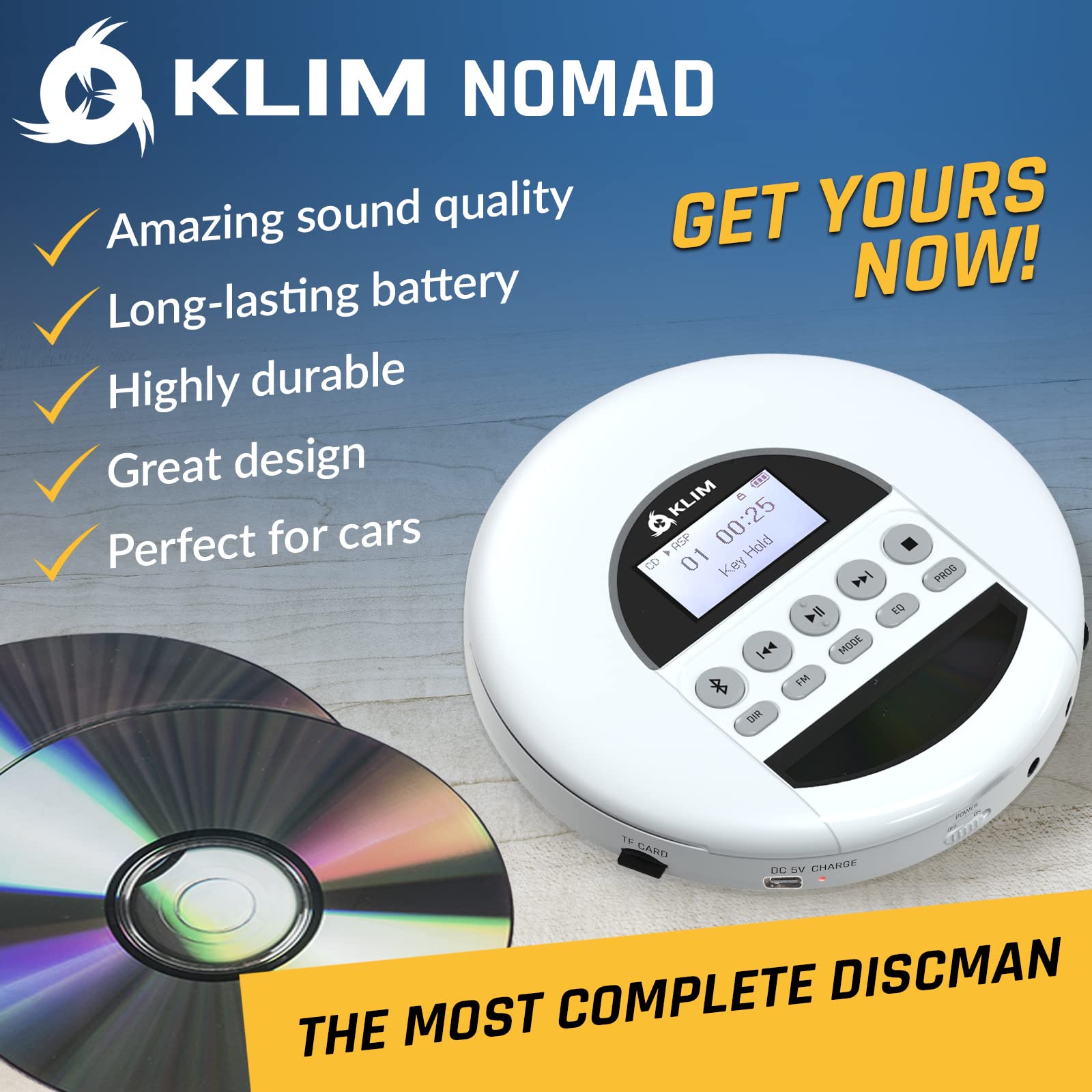 KLIM Nomad - New - Portable CD Player with Long-Lasting Battery - with Headphones - Radio FM - Compatible MP3 CD Player Portable - TF Card Radio FM Bluetooth - Ideal for Cars - White