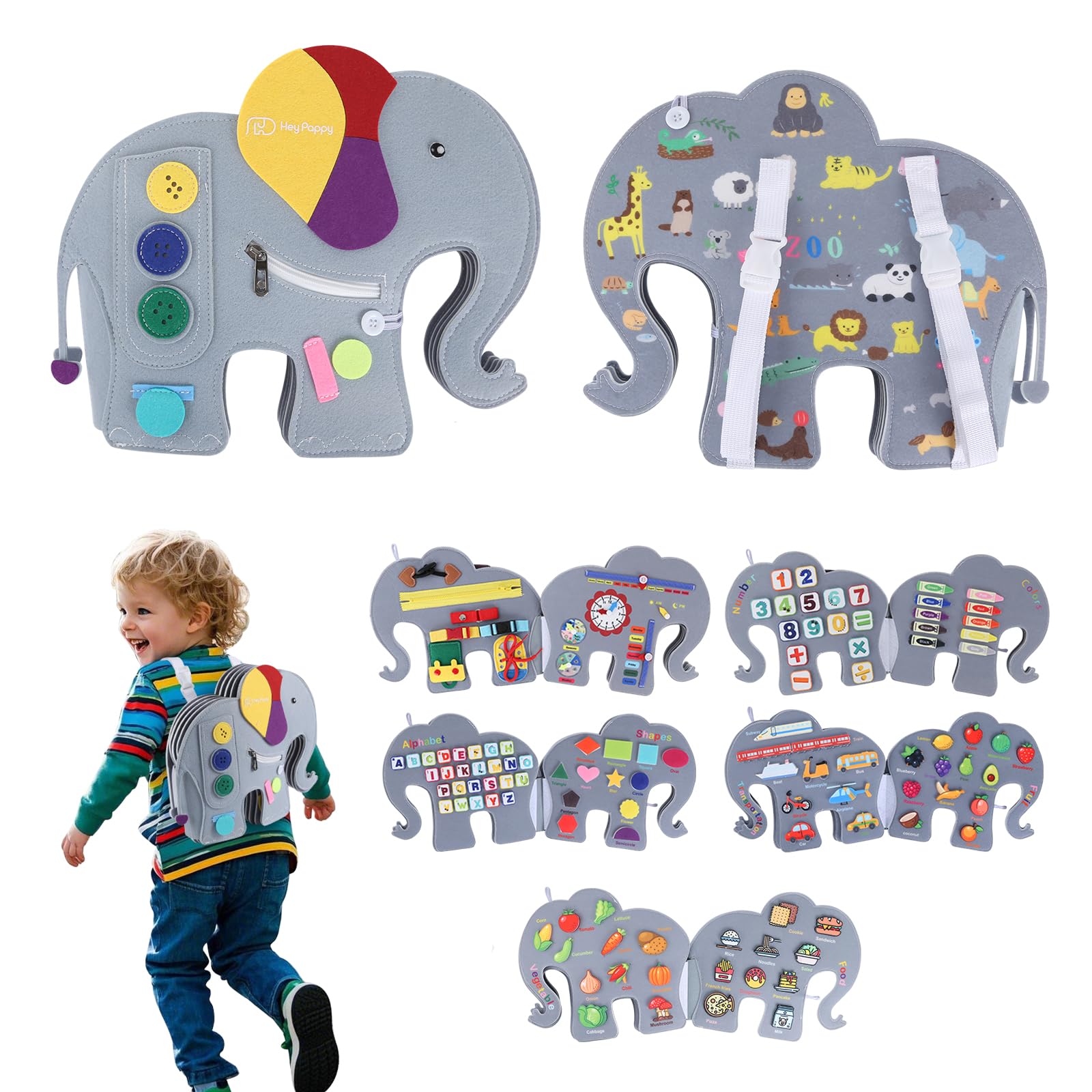 Photo 1 of Heypappy Busy Board, 12 in 1 Educational Busy Book Learning Sensory Toys for Toddlers with Fine Motor Skills, Busy Book Toys with Backpack Strap, Elephant Shape