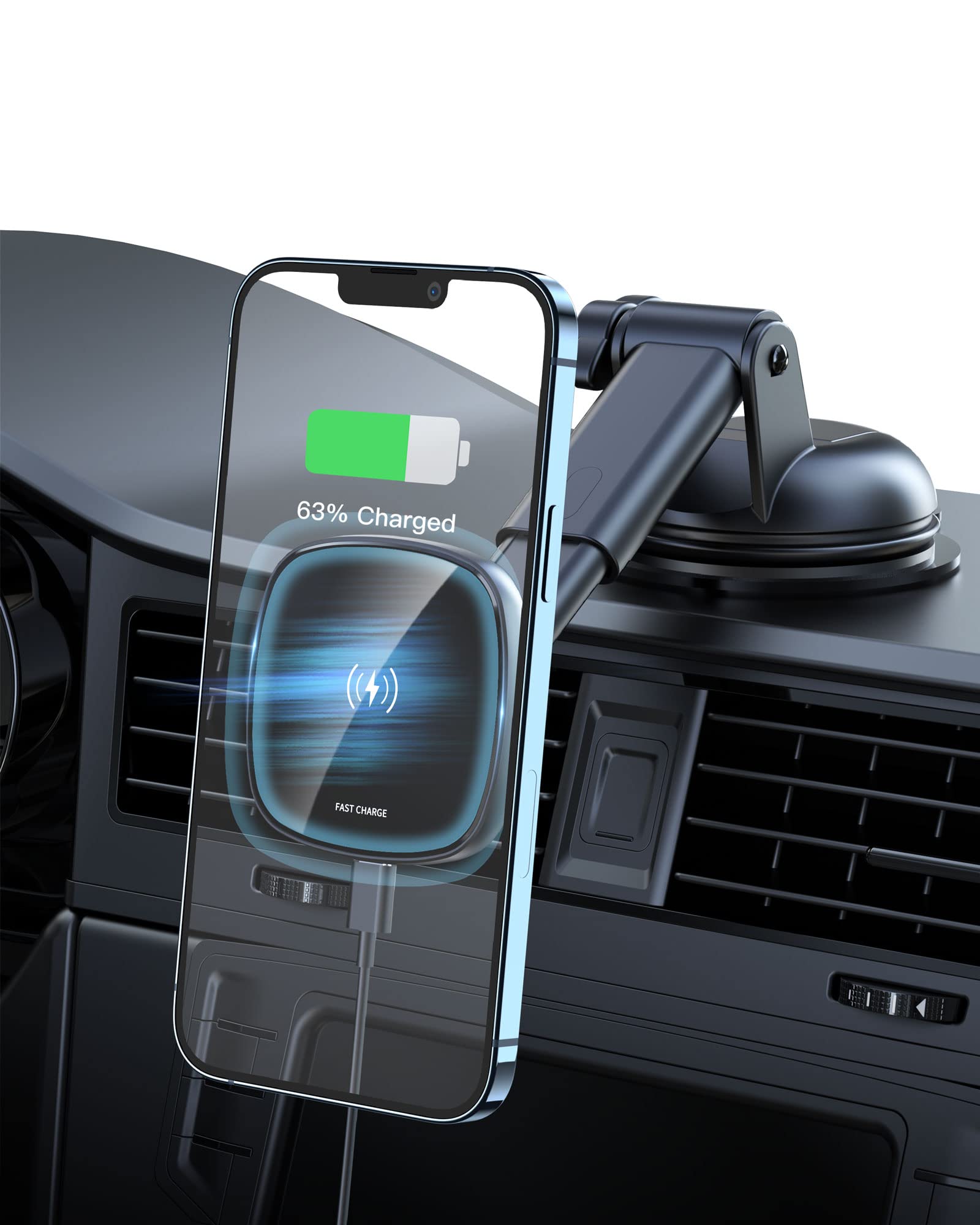 YOSH Mag-Safe Wireless Car Charger Mount for Car Dashboard, Magnetic Phone Holder with 15W Fast Charging & Updated Suction Cup, Car Windshield Phone Cradle for Mag-Safe Case, iPhone 12 13 14 Pro Max