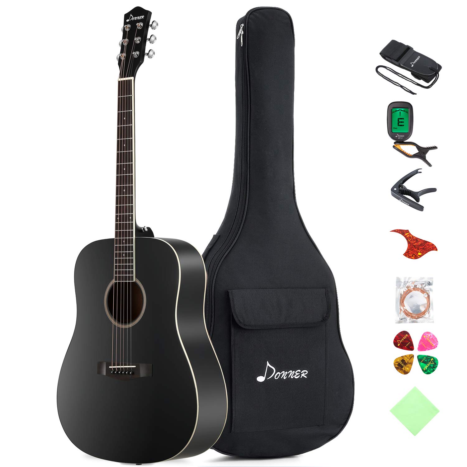 Donner DAG1B Black Beginner Acoustic Guitar Full Size, 41" Dreadnought