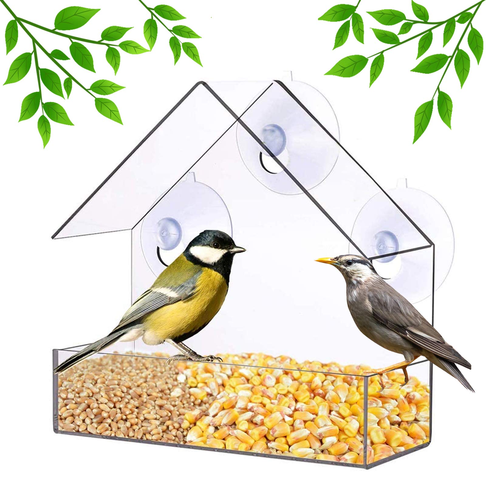 Window Bird Feeder With Strong Suction Cups, Plastic Wild Seed and Peanut Nut Feeder, Roof Shape House for Small Birds