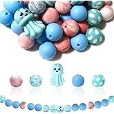 Pelizen 55-Bead 3D Ocean-Themed Jellyfish Shell Focus Beads - 15mm Pink and Blue Round Silicone Beads - for DIY Crafts, Jewelry, Necklaces, Bracelets, and Keychains (Blue)