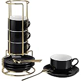 RENEWREVITAL 3 Ounce Espresso Cups Set of 4, Stackable Demitasse Mugs, Includes Display Stand, Cups Saucers, and Spoons, for Machines & Home Use, Black, Gold Tone