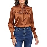 Women's Silk Button Down Blouse Bow Tie Neck Long Sleeve Dressy Elegant Office Work Blouse