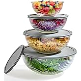 8pc Ribbed Glass Mixing Bowls with Leakproof Airtight Lids - BPA-Free Meal Prep Stackable Space Saving Nesting, Kitchen Baking Food Storage & Serving Containers - Microwave, Freezer, Dishwasher Safe.