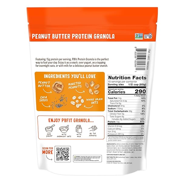 PBFIT PEANUT BUTTER PROTEIN GRANOLA, 15G PLANT-BASED PROTEIN 22% DV, MADE WITH WHOLE GRAIN OATS AND CHIA SEEDS, GLUTEN FREE, FOR PROTEIN SNACKS CEREALS BREAKFAST YOGURT, 32 OZ BAG