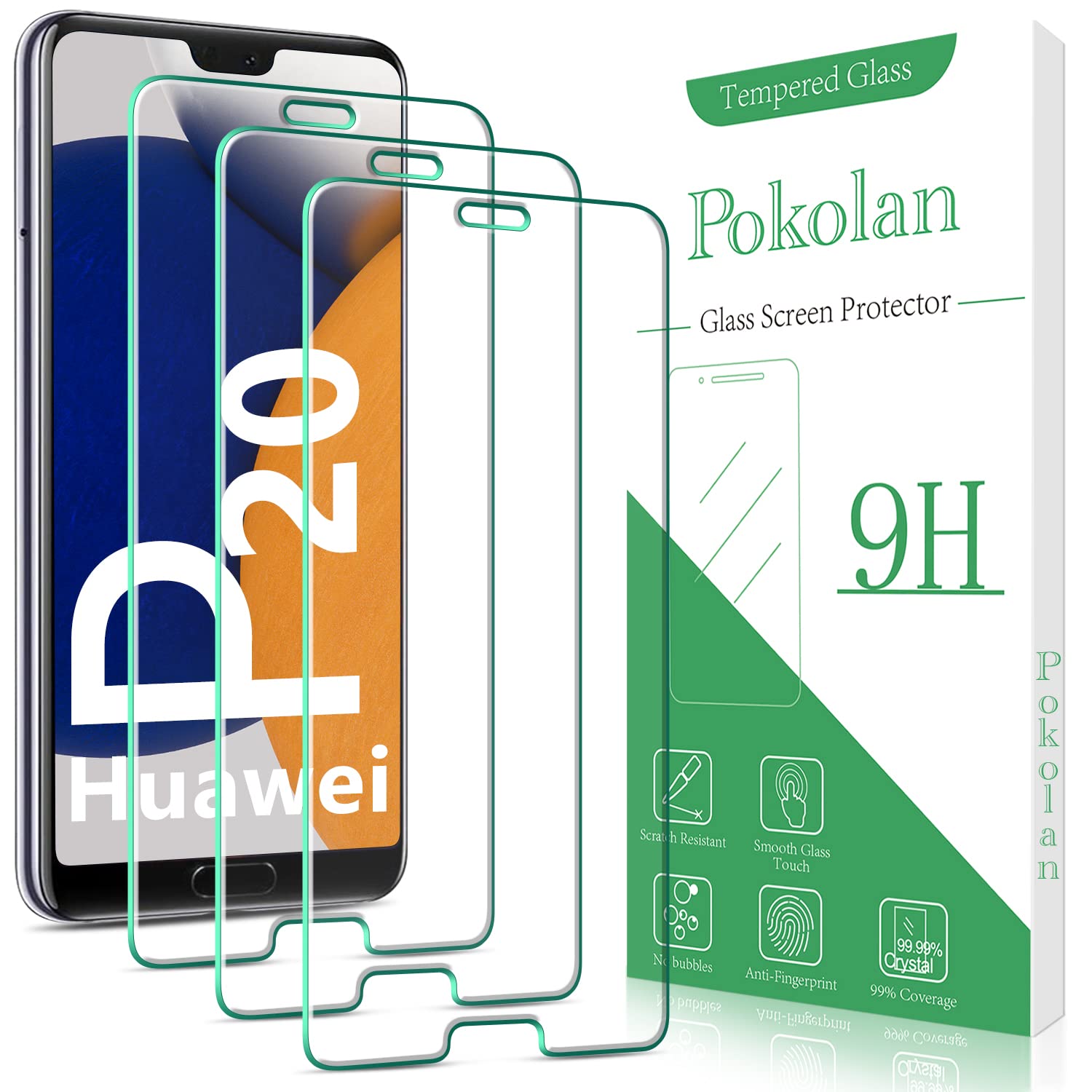 Pokolan [3 Pack] Screen Protector for Huawei P20 Tempered Glass, 2.5D Round Edge, 9H Hardness, Bubble Free, Anti-Scratch, Easy to Install
