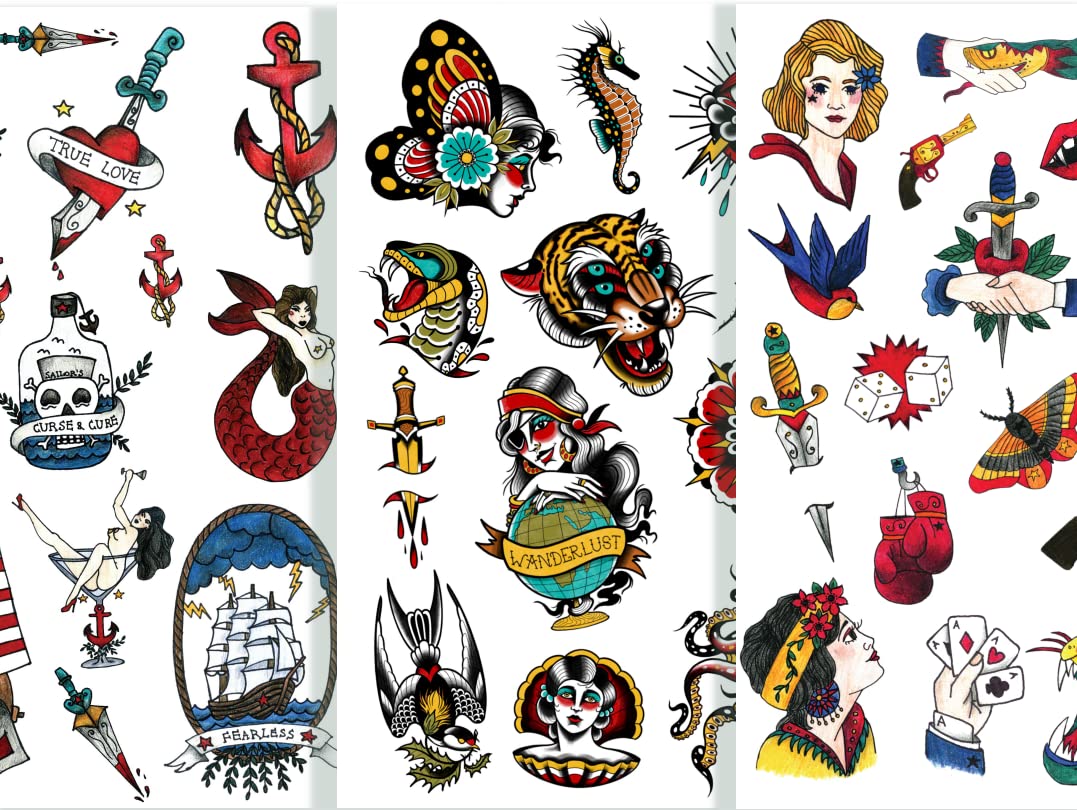 Tatsy Temporary Tattoo Set of 3 Sheets Sailor, Vintage, Oldschool - Party Fun Tattoos, Fake Tattoo Body Art for Men and Women, Total 47 Unique Tattoos