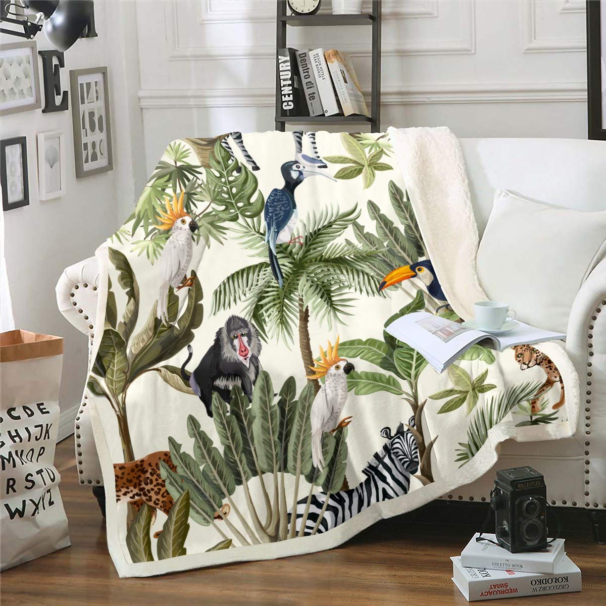 Loussiesd Palm Tree Print Blanket for Sofa Couch Bed Leopard Zebra Fleece Throw Blanket Decorative Tropical Nature Theme Sherpa Blanket Wild Animal Pattern Plush King 87"*94"