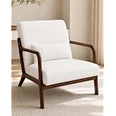 Garvee Mid Century Accent Chair, Upholstered Armchair with Lumbar Pillow | Cozy Beige Reading Chair in Chenille with Solid Wood Frame for Living Room, Bedroom or Office