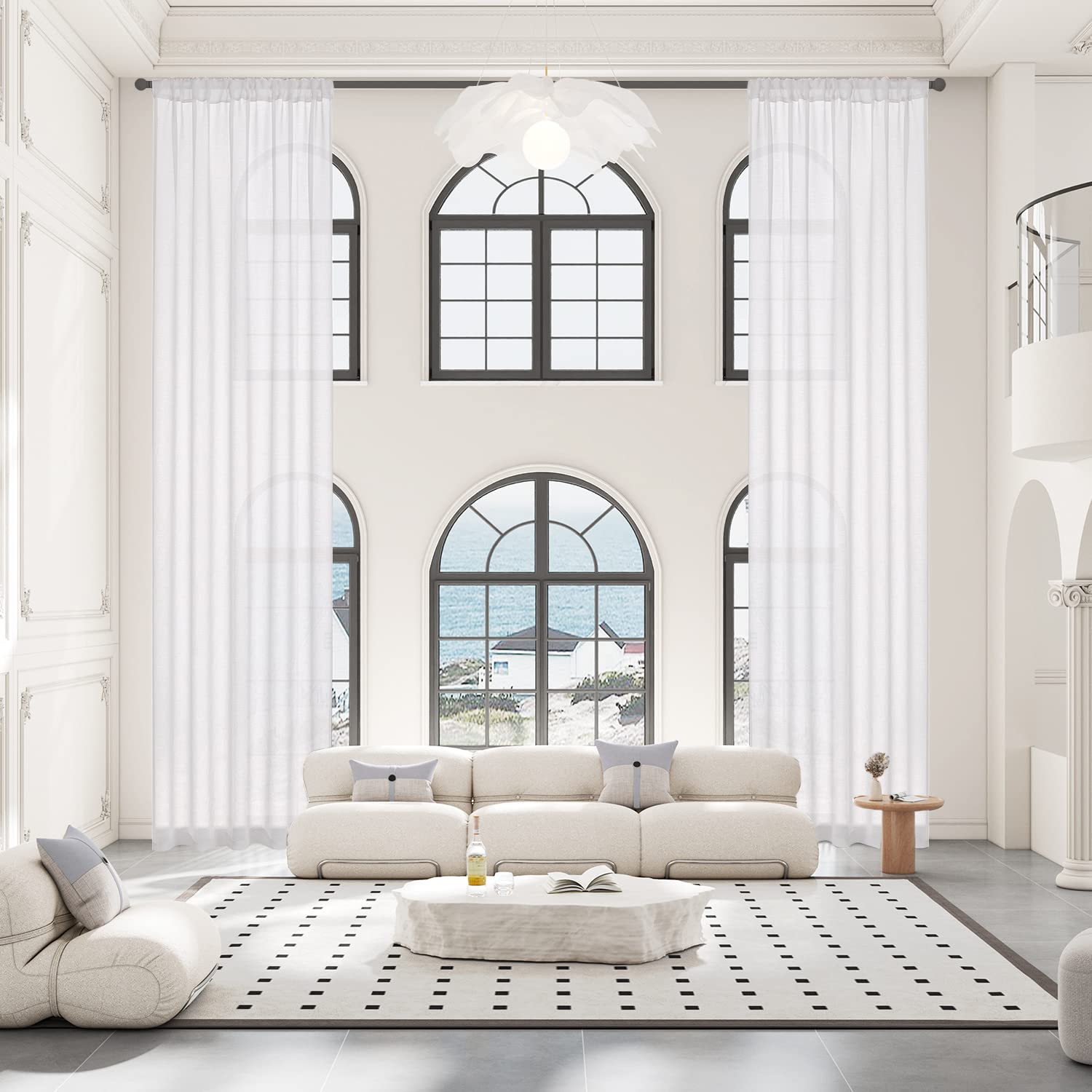 Photo 1 of Sanceor White Extra Long Sheer Curtain 12ft Long,Rod Pocket 1 Panel,Solid Color Graceful 2 Story Tall Voile Drape for High Ceiling,Living Room,Light Filtering (White,52 x 144 Inch