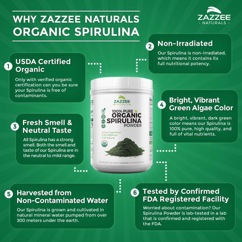 Zazzee USDA Organic Spirulina Powder 2.2 Pounds (1 KG), 303 Servings, 100% Pure and Non-Irradiated, Vegan, All-Natural, and Non-GMO, Mess-Free Wide Mouth Container, Fresh Smell and Neutral Taste: Health & Personal Care