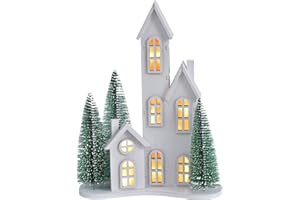 Ovootok White Christmas Village Set with LED, Wooden Xmas Tabletop Decor, Mini Winter Town Display, Christmas Table Centerpieces for Indoor Decoration, for Mantel Desktop Shelf Fireplace (Style C)