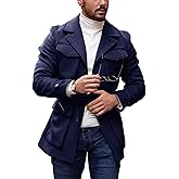 Pretifeel Mens Trench Coat Slim Fit Wool Blends Business Lapel Belted Overcoat Winter Casual Peacoat Jacket