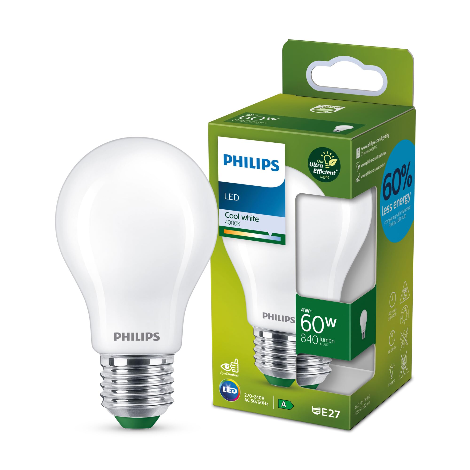 Philips Ultra Efficient - Ultra Energy Saving Lights, LED Light Source, 60W, A60, E27, Cool White 4000 Kelvin, Frosted โ image 1