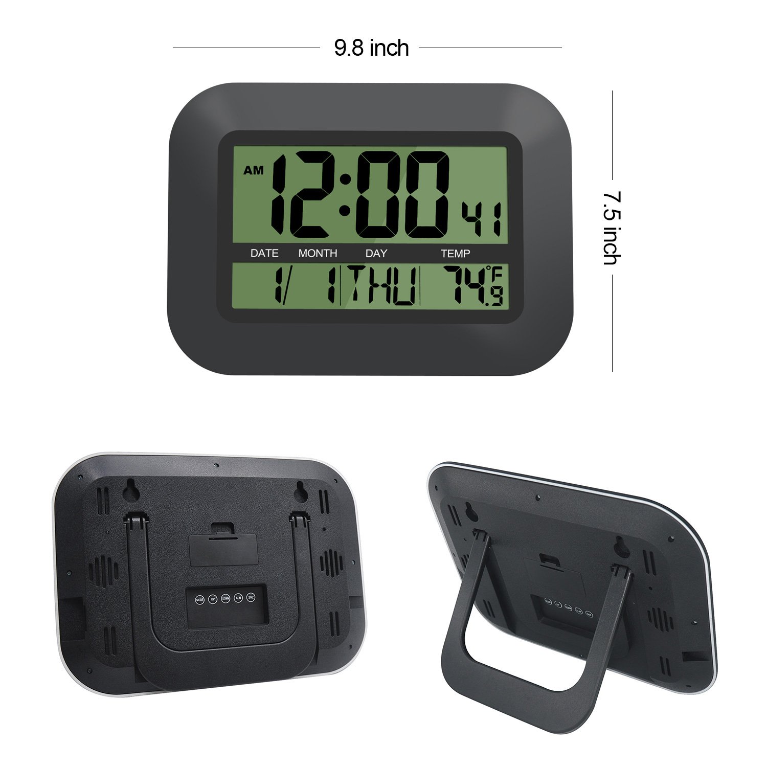 HeQiao Digital Wall Clock, Decorative Silent Desk Clock Simple Stylish Battery Operated Easy to Read Large LCD Alarm Clock with Calendar Temperature Snooze for Home Office (12 Inch, Night Black)