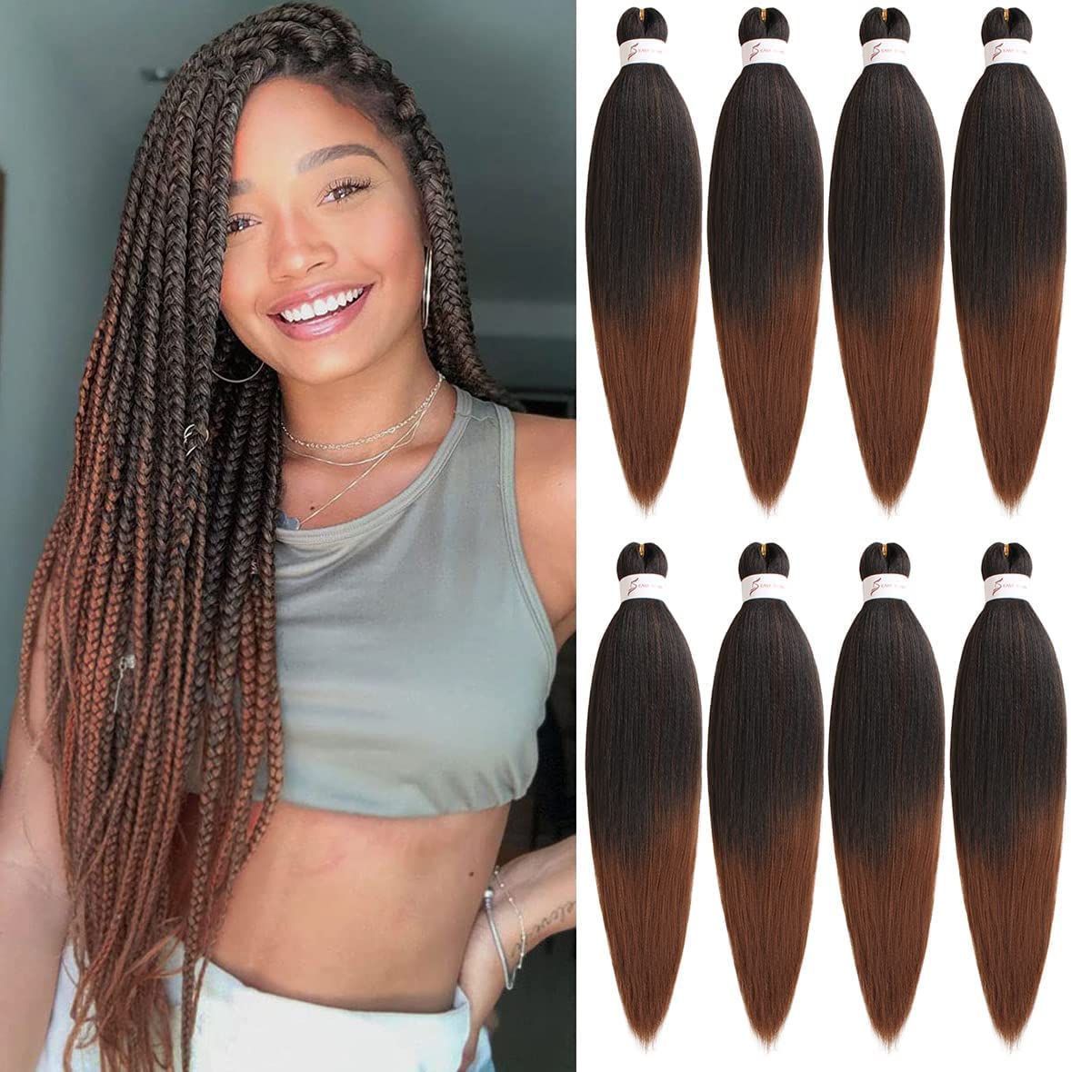 Leeven 8 Packs Pre Stretched Braiding Hair Yaki Texture Low Temperature Synthetic Hair Ombre Copper Red Easy Braid Hair for Woman Pre Stretched Ombre Braiding Hair Extensions /26 Inch T30#