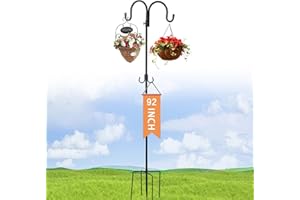 DwelSpire Double Shepherd 4 Hooks for Outdoor, 92" Heavy Duty Bird Feeder Hangers Garden with 5-Prong Base, Outside Hanging Pole for Plant Baskets, Wind Chimes, 1 Pack Black