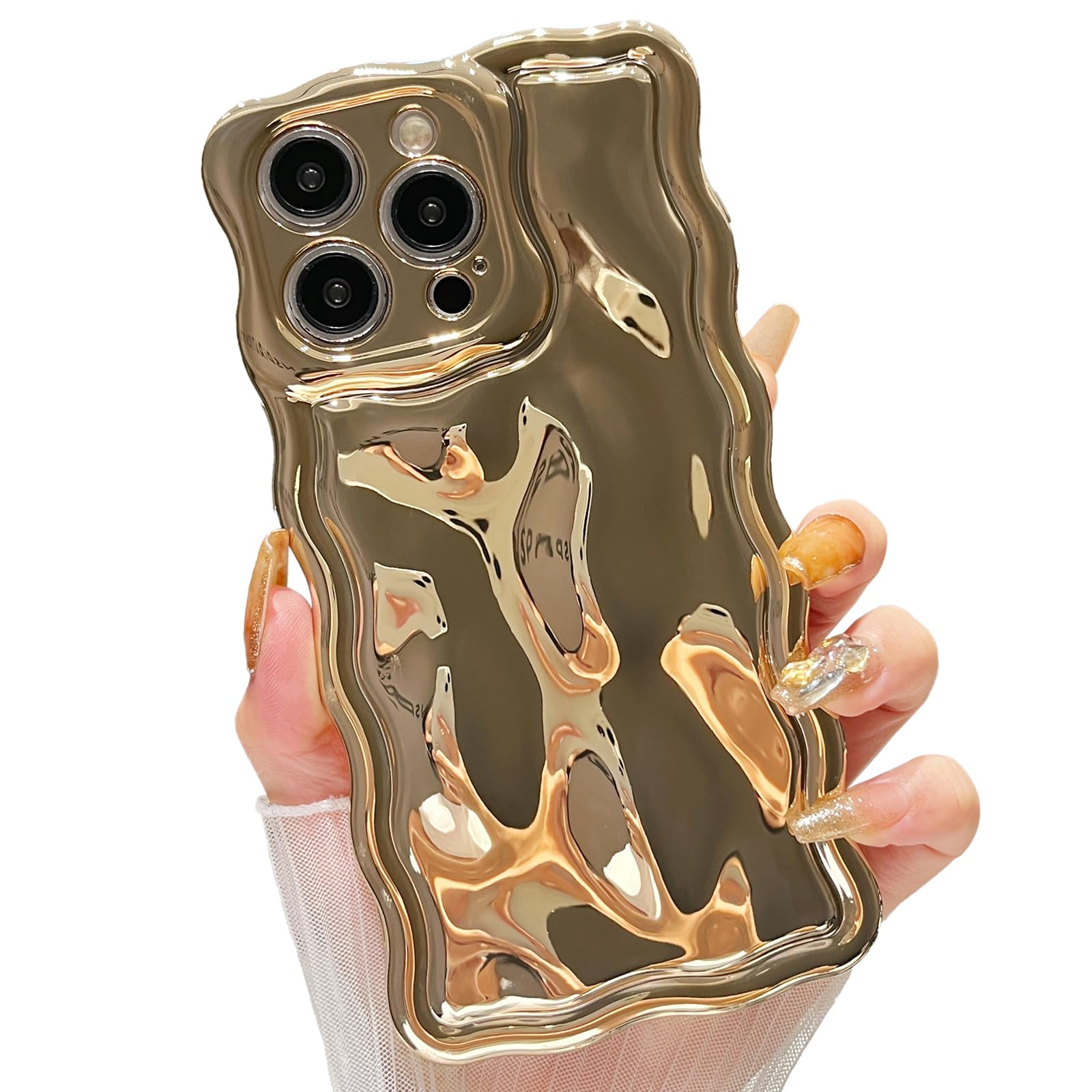 ZTOFERA Wavy Case for iPhone 15 Pro Max (6.7-Inch), Cute Wave Frame Shiny 3D Ripple Electroplating Design Protective Phone Case Soft TPU Bumper Shockproof Cover for Girls Women, Gold — image 1