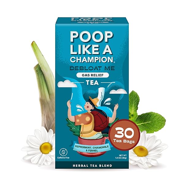 POOP LIKE A CHAMPION GAS RELIEF CHAMOMILE PEPPERMINT TEA, 30 BAGS, HERBAL TEA FOR DIGESTION AND BLOATING, CHAMOMILE TEA BAGS WITH FENNEL
